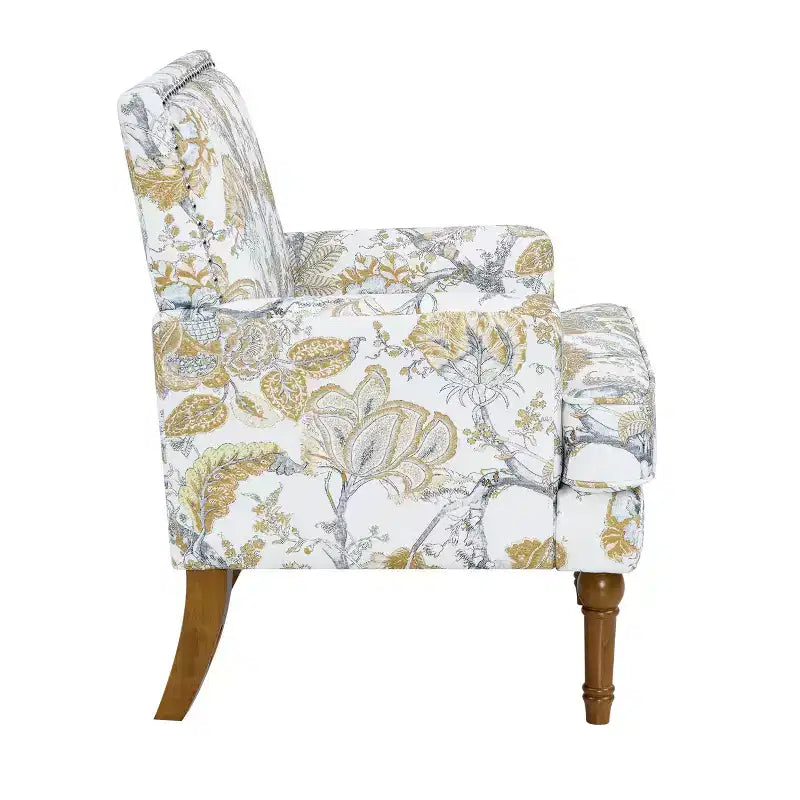 Fauteuil d'appoint contemporain en bois tapissé fleuri avec garniture cloutée