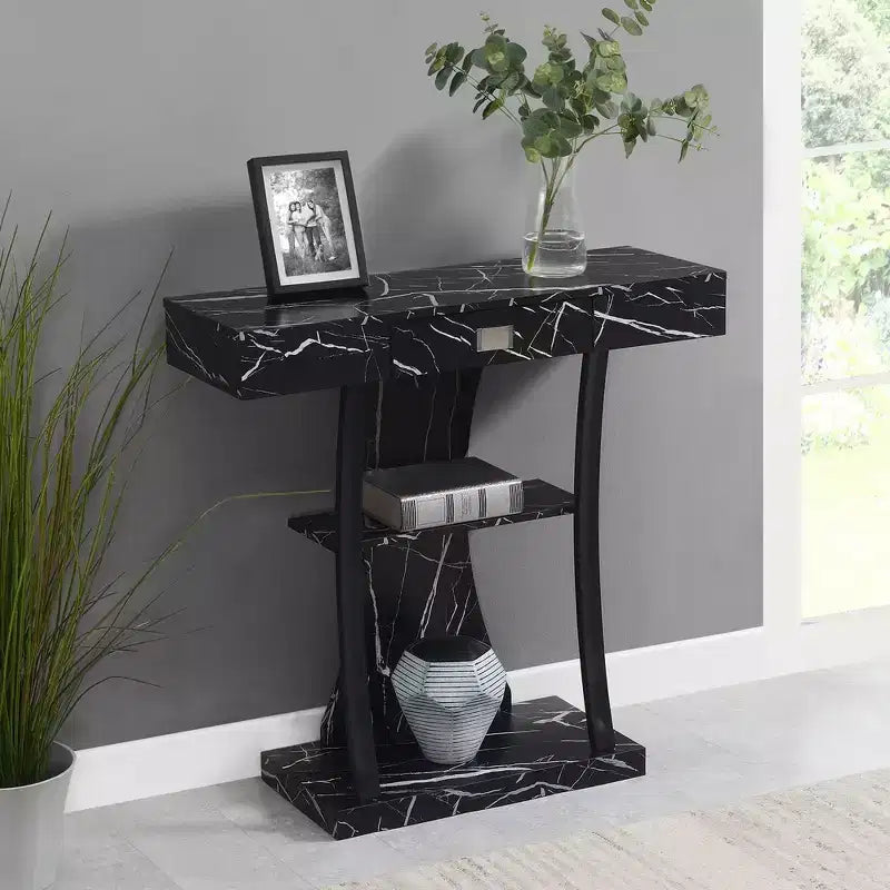 Console Harri à 1 tiroir avec étagères, imitation marbre noir