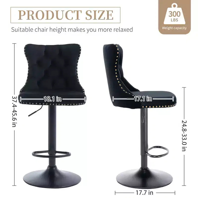 Tabourets de bar pivotants en velours, lot de 2, hauteur réglable, dossier mi-hauteur capitonné, noir