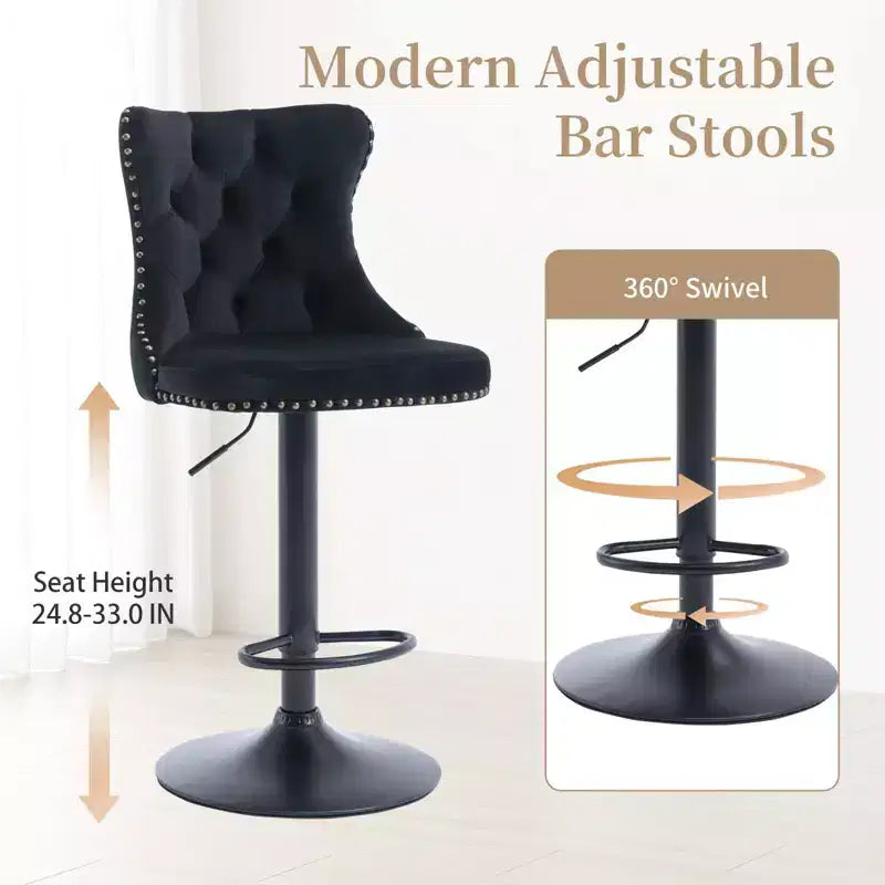Tabourets de bar pivotants en velours, lot de 2, hauteur réglable, dossier mi-hauteur capitonné, noir