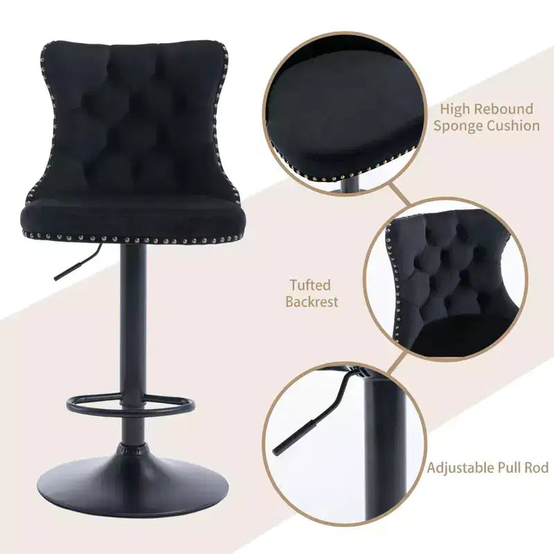 Tabourets de bar pivotants en velours, lot de 2, hauteur réglable, dossier mi-hauteur capitonné, noir