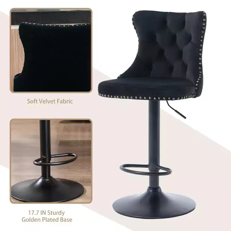 Tabourets de bar pivotants en velours, lot de 2, hauteur réglable, dossier mi-hauteur capitonné, noir