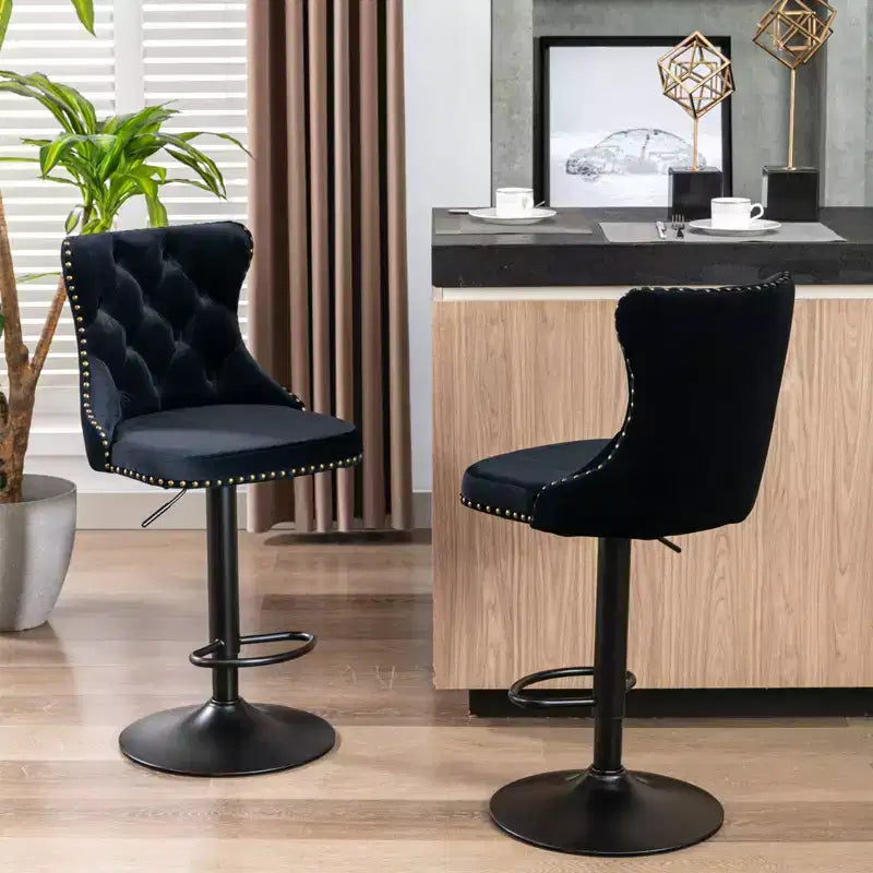 Tabourets de bar pivotants en velours, lot de 2, hauteur réglable, dossier mi-hauteur capitonné, noir