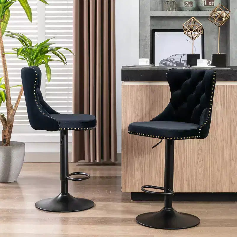 Tabourets de bar pivotants en velours, lot de 2, hauteur réglable, dossier mi-hauteur capitonné, noir