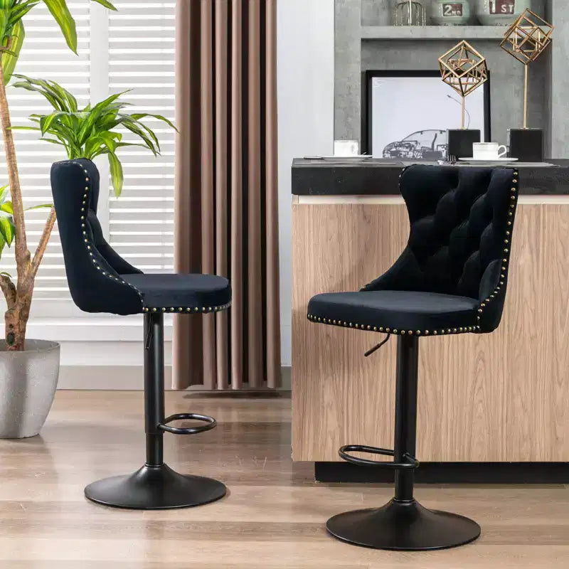 Tabourets de bar pivotants en velours, lot de 2, hauteur réglable, dossier mi-hauteur capitonné, noir