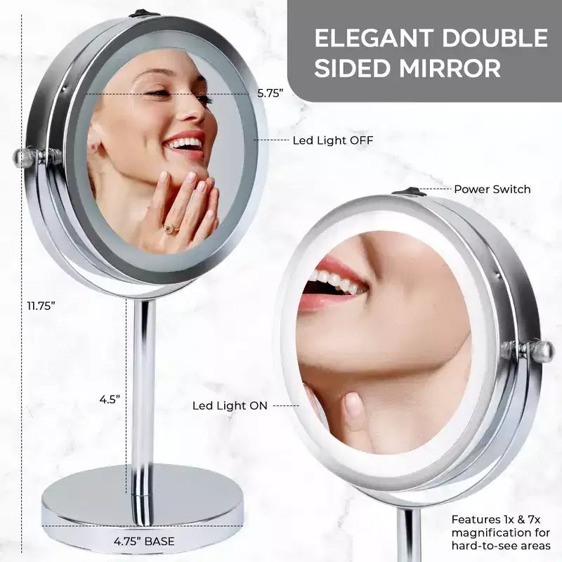 Miroir de courtoisie avec lumières LED grossissement 1x et 3x, éclairage LED double face finition chrome, fonctionne sur piles, diamètre 14,6 cm