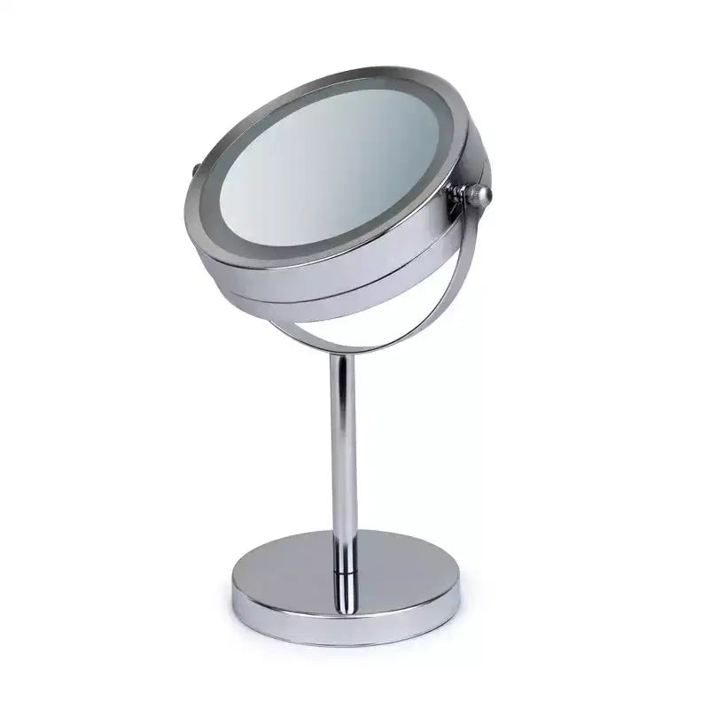 Miroir de courtoisie avec lumières LED grossissement 1x et 3x, éclairage LED double face finition chrome, fonctionne sur piles, diamètre 14,6 cm