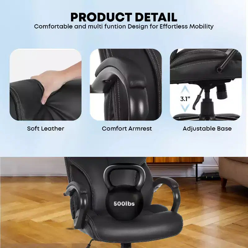 Chaise de bureau pour personnes fortes et de grande taille Chaise de bureau à dossier haut Soutien lombaire Accoudoirs réglables