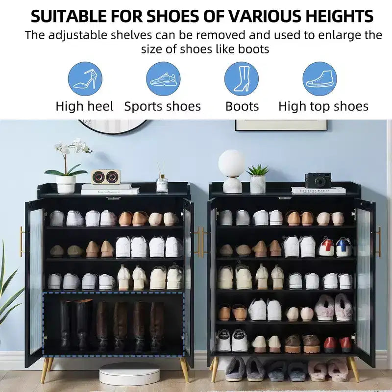 Meuble à chaussures avec portes en verre, étagère de rangement pour chaussures d'entrée à 5 niveaux avec grand espace de rangement et étagères réglables pour couloir, salon