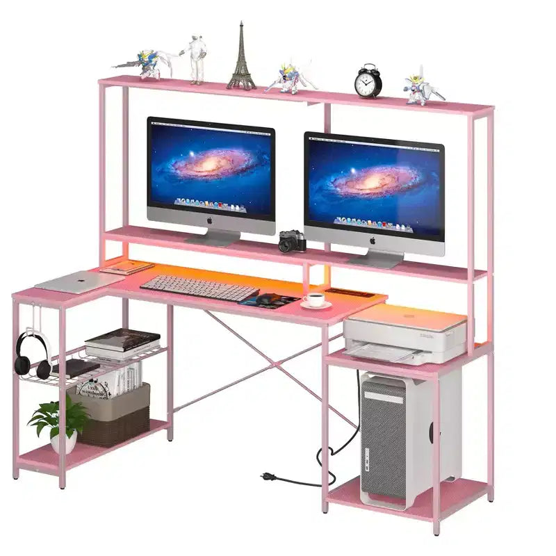 Bureau d'ordinateur en L de 71,5 po avec prises électriques, fibre de carbone et grain de bois