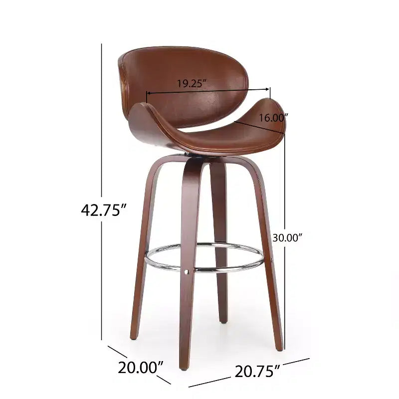 Tabouret de bar pivotant 30 po en similicuir et bois, style moderne milieu de siècle
