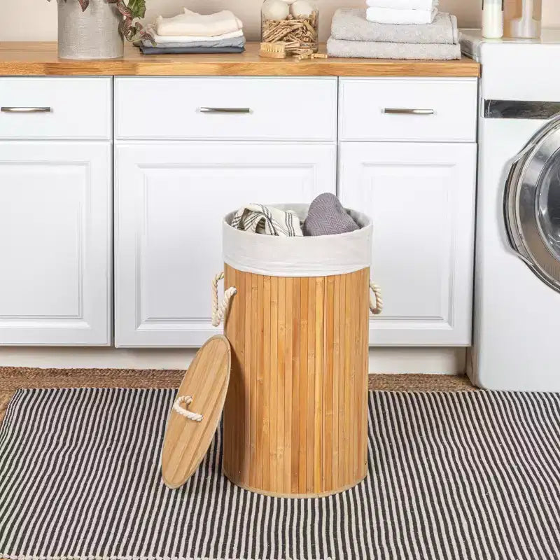 Panier à linge en bambou avec poignées en corde, couvercle et sac à linge amovible lavable en machine