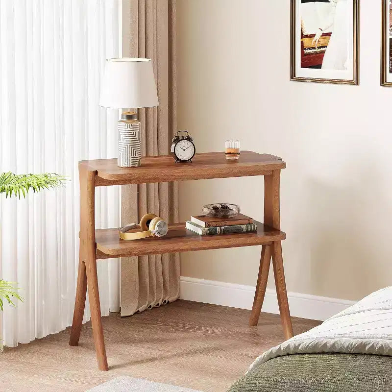 Table d'appoint haute et étroite avec étagère de rangement à 2 niveaux et pieds en bois massif