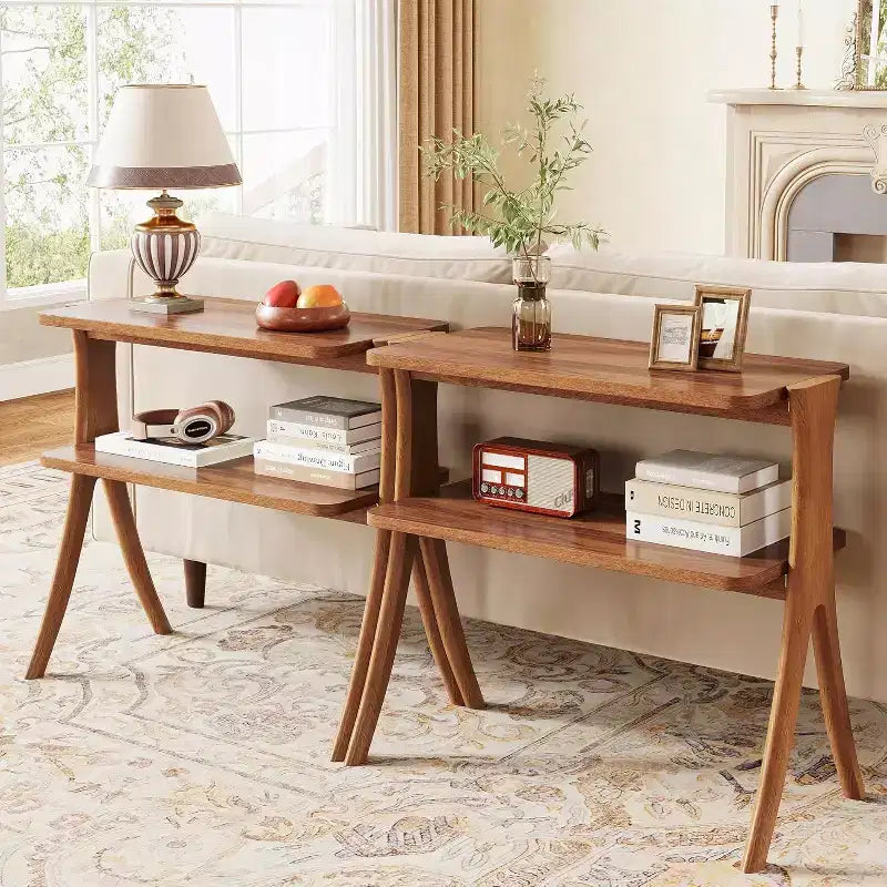 Table d'appoint haute et étroite avec étagère de rangement à 2 niveaux et pieds en bois massif