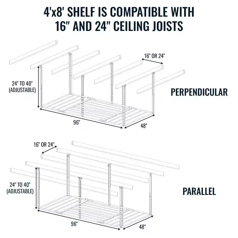 Rangement suspendu pour garage 4 pi x 8 pi avec crochets | Supporte 317,5 kg
